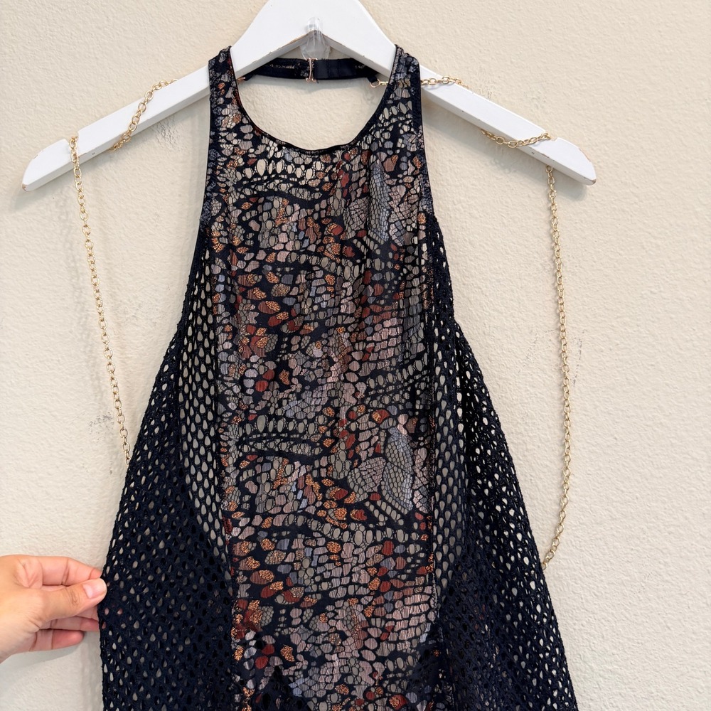 Savage X Fenty Womens Medium Black Lace Fishnet Catsuit Gold Chain Jumpsuit- M - Picture 5 of 16